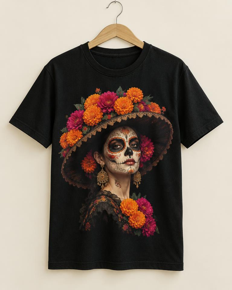 Playera con diseño: Catrina elegante con flores